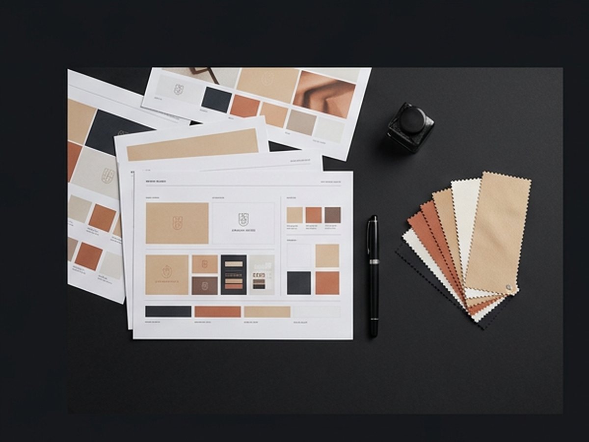 Planches de marque imprimées et échantillons de couleurs disposés sur un bureau sombre